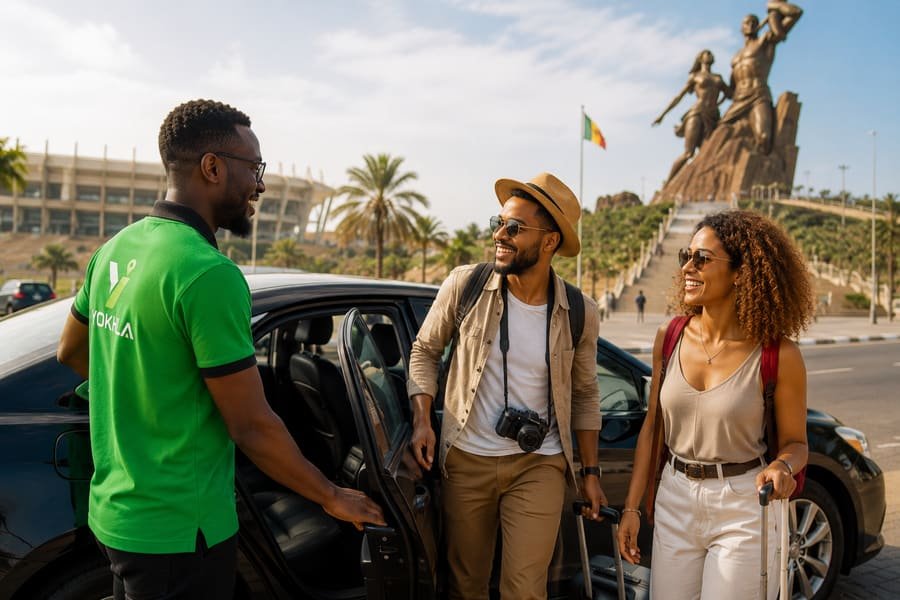Chauffeur YOKHLA accueillant des voyageurs devant le Monument de la Renaissance Africaine à Dakar