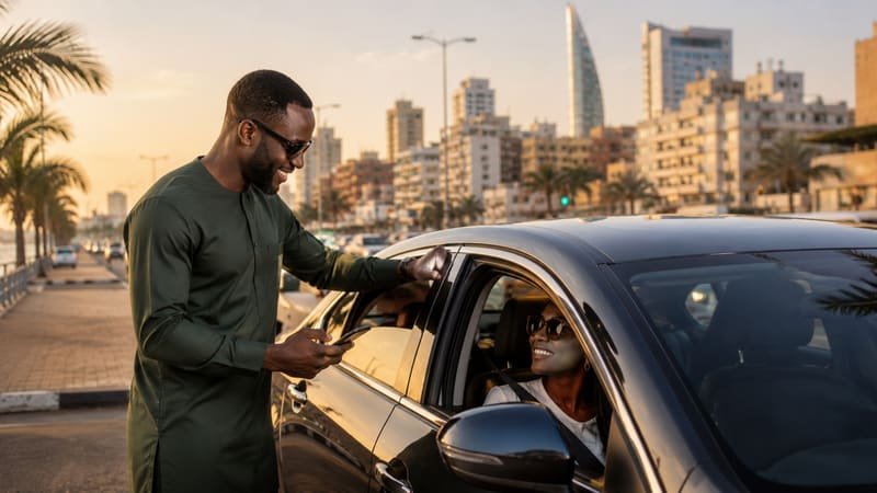 Passager échangeant avec sa conductrice YOKHLA à Dakar